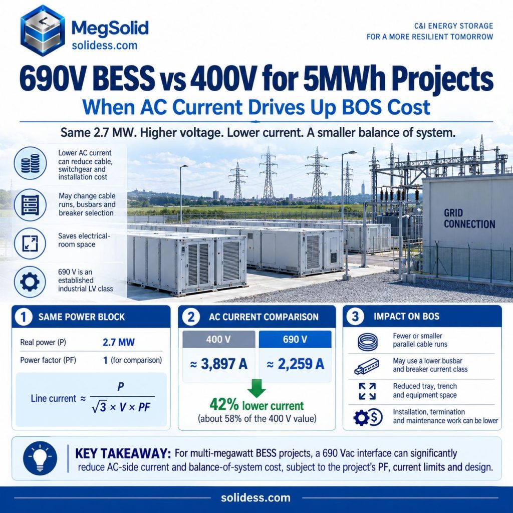 I-MegSolid 5000INTL 690 V BESS ithelekiswa nesakhiwo se-400 V kwi-2.7 MW, ibonisa i-2,259 A xa ithelekiswa ne-3,897 A yomsinga we-AC.