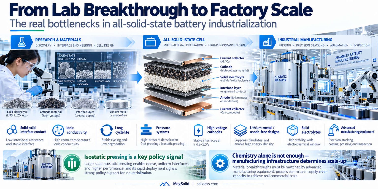 All-solid-state battery industrialization infographic showing solid electrolyte materials, interface engineering, cell structure, isostatic pressing and advanced manufacturing equipment