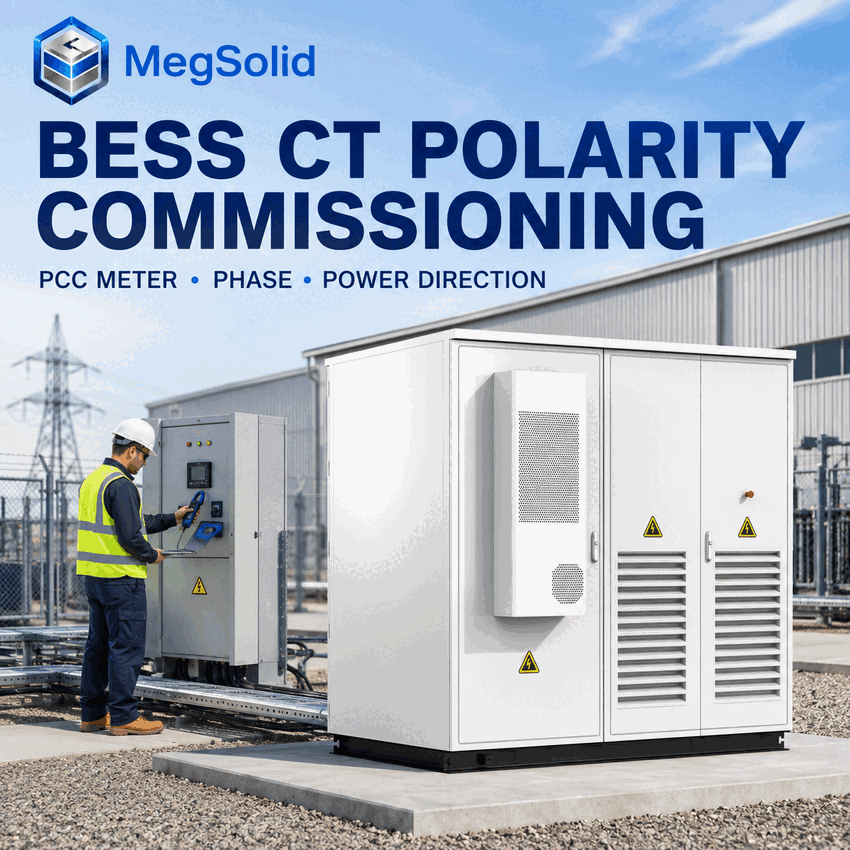 MegSolid ESSA0100B-0215 beside a 400 V switchboard during BESS CT polarity commissioning