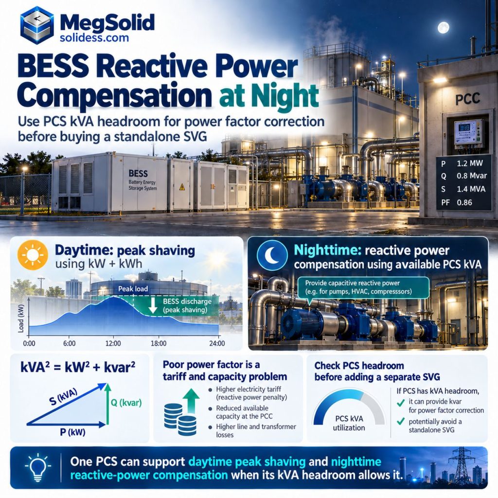 MegSolid BESS reactive power compensation at night showing daytime peak shaving, nighttime reactive-power support, PCC metering and PCS kVA headroom