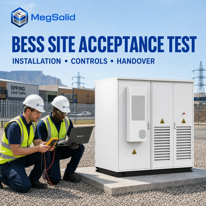 MegSolid ESSA0100B-0215 undergoing a BESS site acceptance test at an industrial site in Epping Cape Town