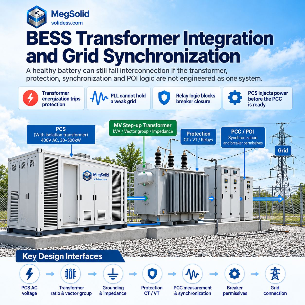 MegSolid BESS transformer integration and grid synchronization showing PCS, MV step-up transformer, protection, PCC synchronization and grid connection