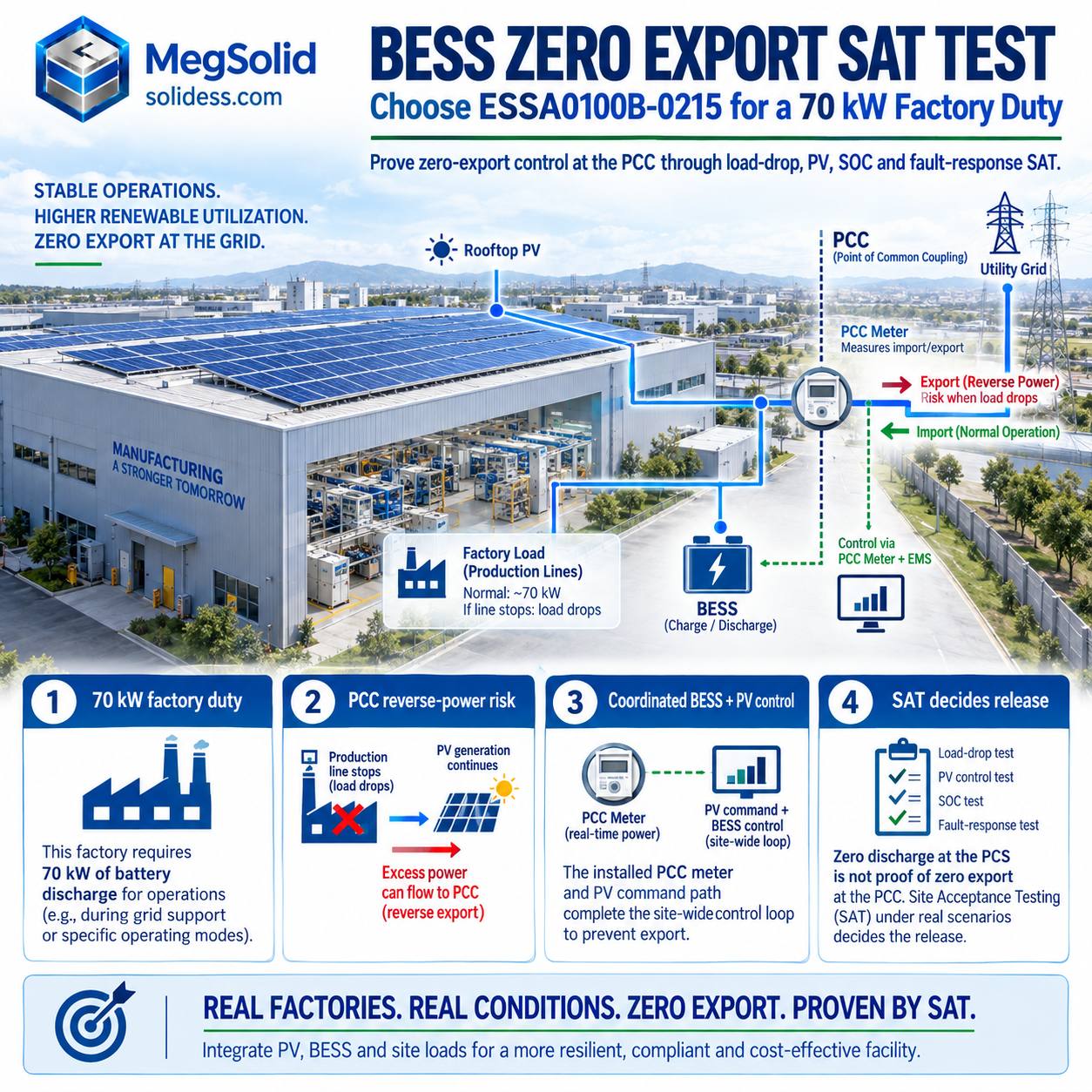 MegSolid BESS zero export SAT test cover image showing ESSA0100B-0215 selected for a 70 kW factory duty with rooftop PV, PCC meter, utility grid and site-wide zero-export control