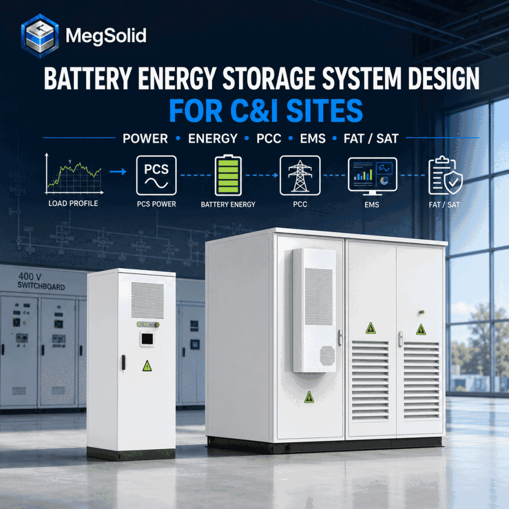 MegSolid C&I battery energy storage system design workflow with real cabinet products, PCS power, battery energy, PCC, EMS and FAT/SAT