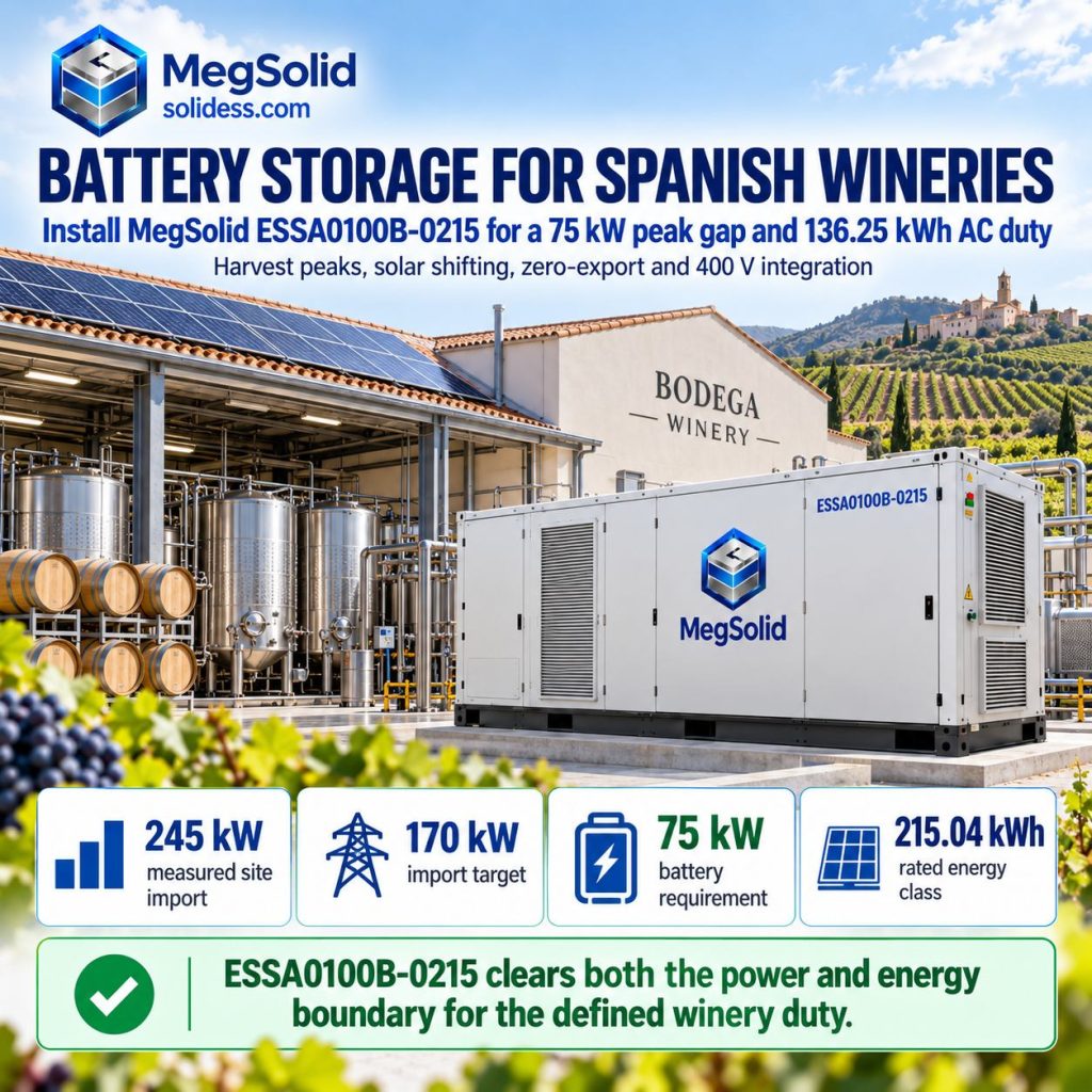 MegSolid ESSA0100B-0215 batterystoor by 'n Spaanse wynkelder met daksonkrag, wat 'n gemeete terrein-invoer van 245 kW, 'n invoerdoelwit van 170 kW, 'n batteryeis van 75 kW en 'n beoordeelde energieklas van 215,04 kWh toon.