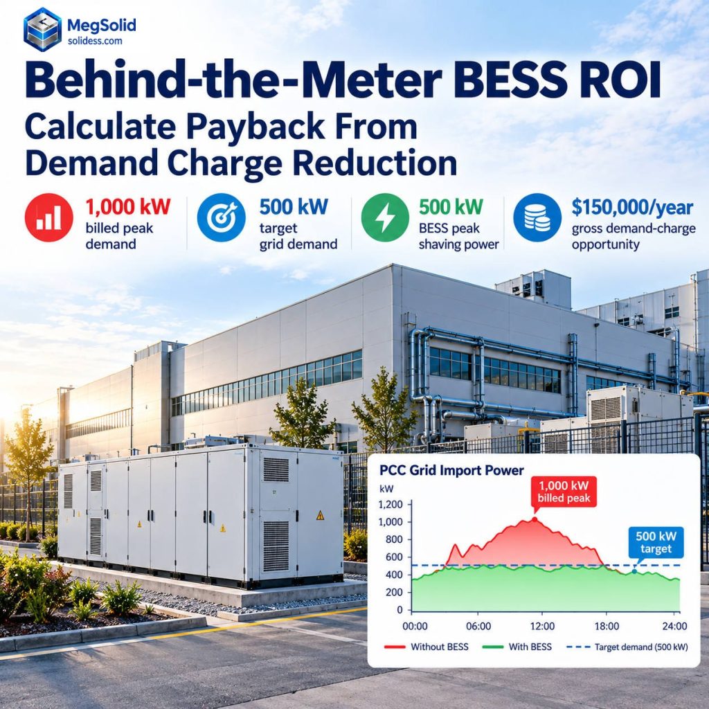 Behind-the-meter BESS ROI example with 1,000 kW billed peak demand, 500 kW target grid demand, 500 kW BESS peak-shaving power and 150,000 dollars per year gross demand-charge opportunity