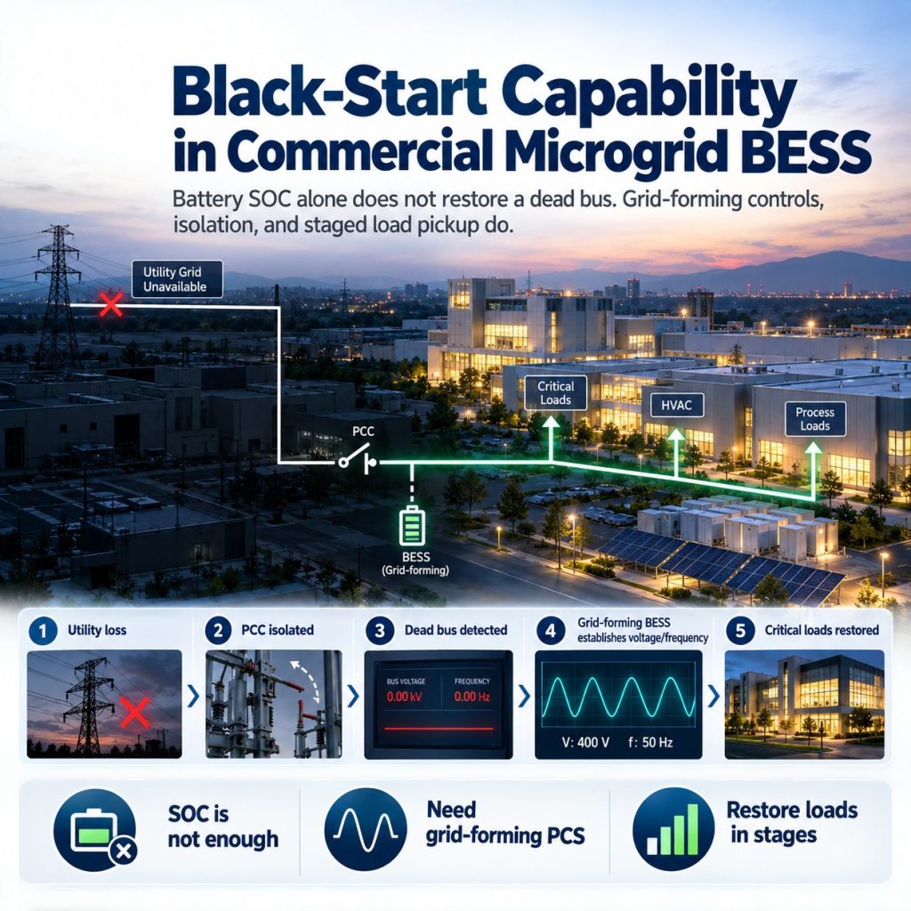 MegSolid commercial microgrid BESS black-start cover showing utility loss, PCC isolation, dead-bus detection, grid-forming BESS restoration and staged critical-load recovery