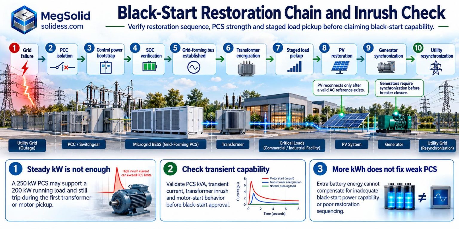 MegSolid black-start restoration sequence from grid failure and PCC isolation through control-power bootstrap, SOC verification, grid-forming bus, transformer energization, staged load pickup, PV restoration, generator synchronization and utility resynchronization