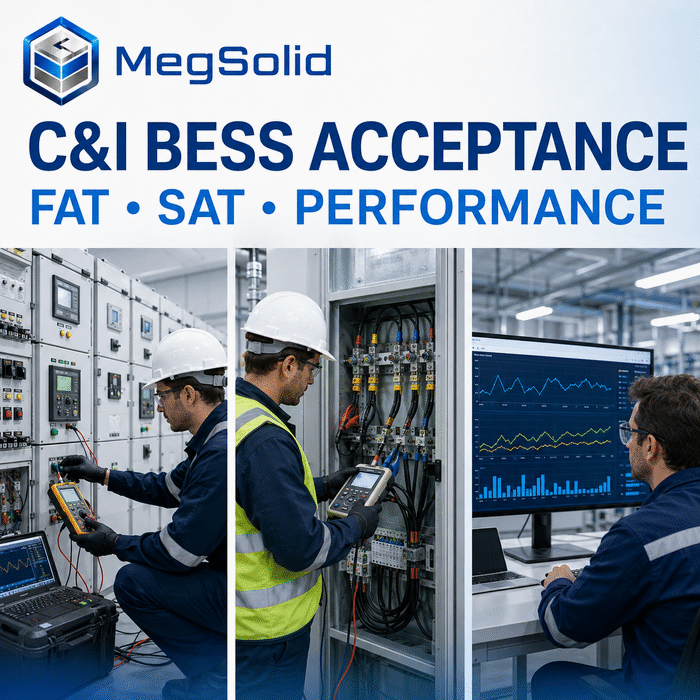 C&I BESS engineers carrying out factory acceptance site acceptance and performance measurement checks