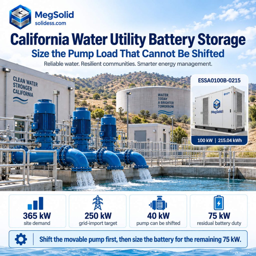 California water pumping facility with MegSolid ESSA0100B-0215 showing 365 kW site demand, 250 kW grid-import target, a shiftable 40 kW pump and 75 kW residual battery duty