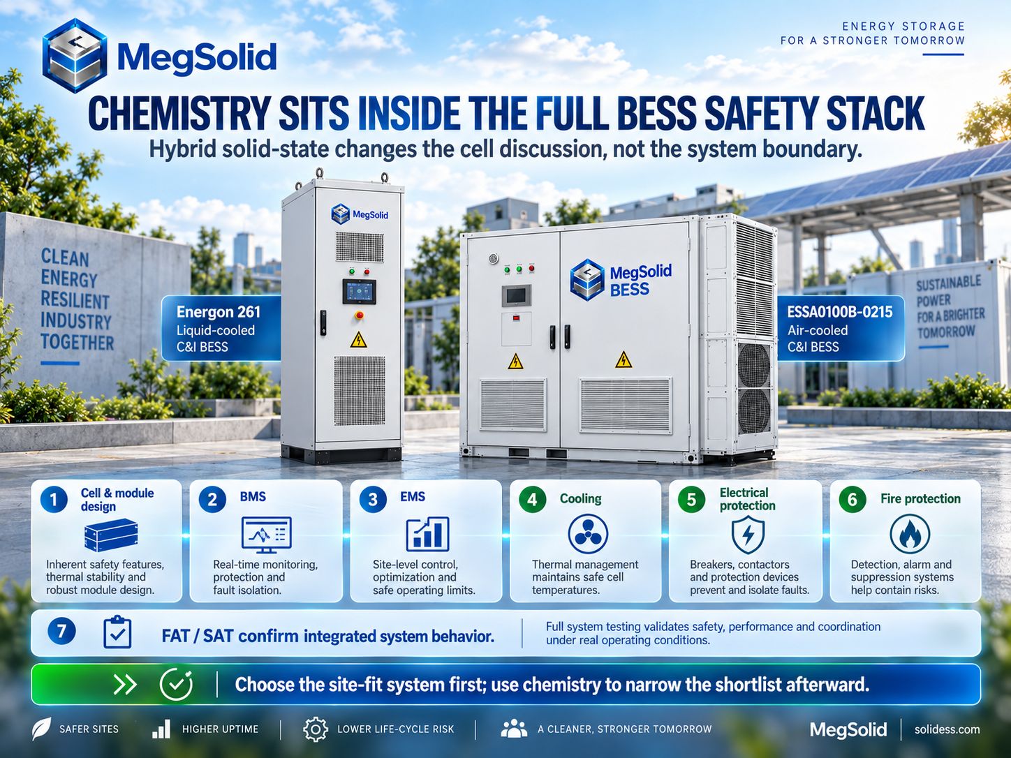 Pile de sécurité MegSolid C&I BESS présentant la conception des cellules et des modules, le BMS, l'EMS, le système de refroidissement, la protection électrique, la protection contre les incendies et les tests FAT et SAT sur les modèles Energon 261 et ESSA0100B-0215