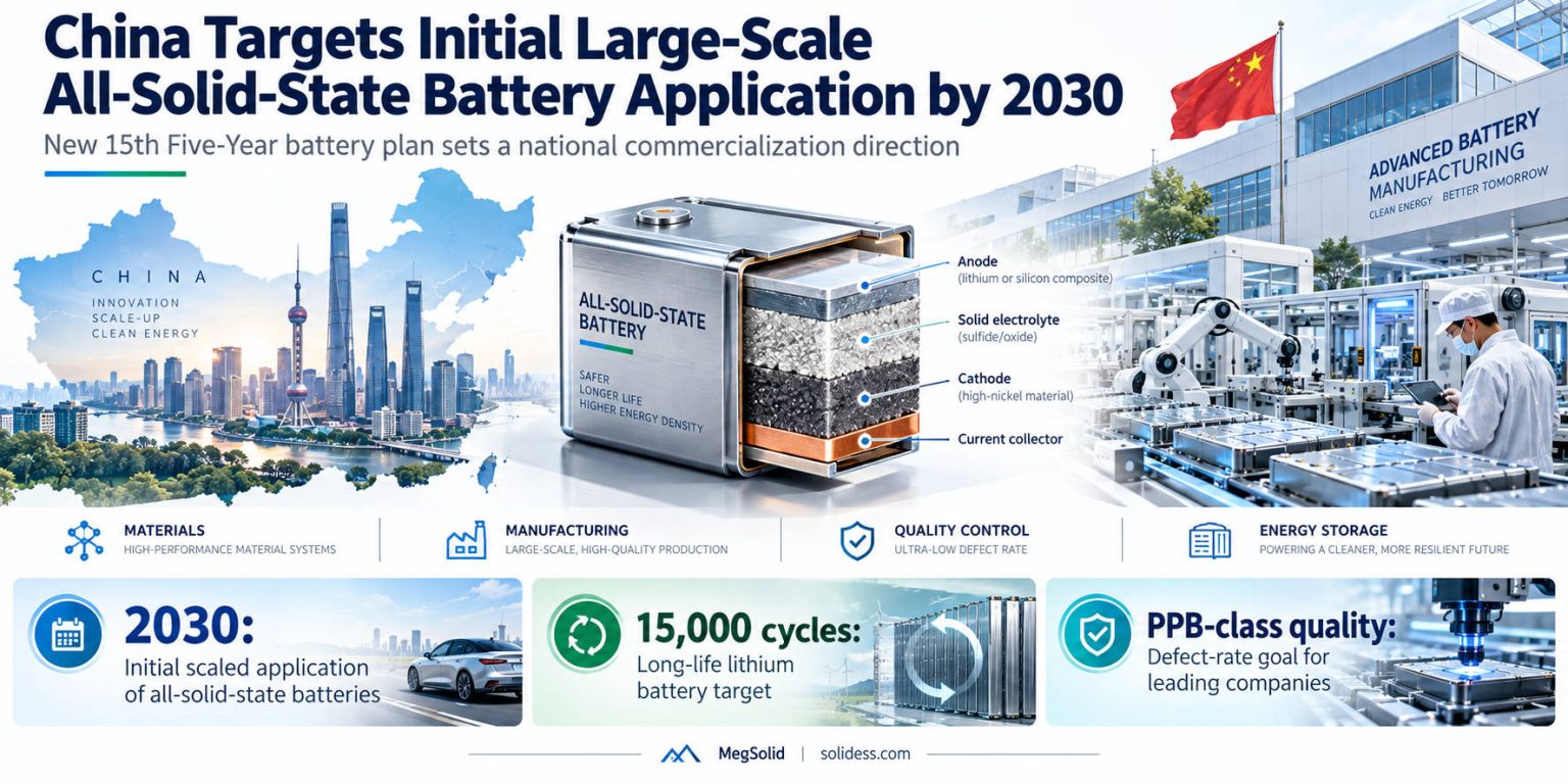 China 2030 all-solid-state battery policy infographic showing the scale-up target, 15,000-cycle long-life lithium battery target, PPB-class quality control and advanced battery manufacturing