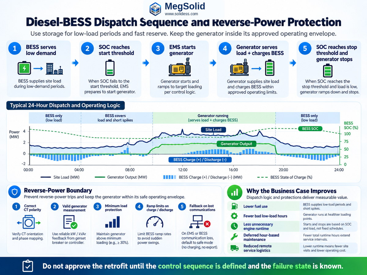 MegSolid diesel-BESS dispatch sequence showing low-load BESS operation, SOC thresholds, generator start, BESS charging, generator shutdown and reverse-power protection