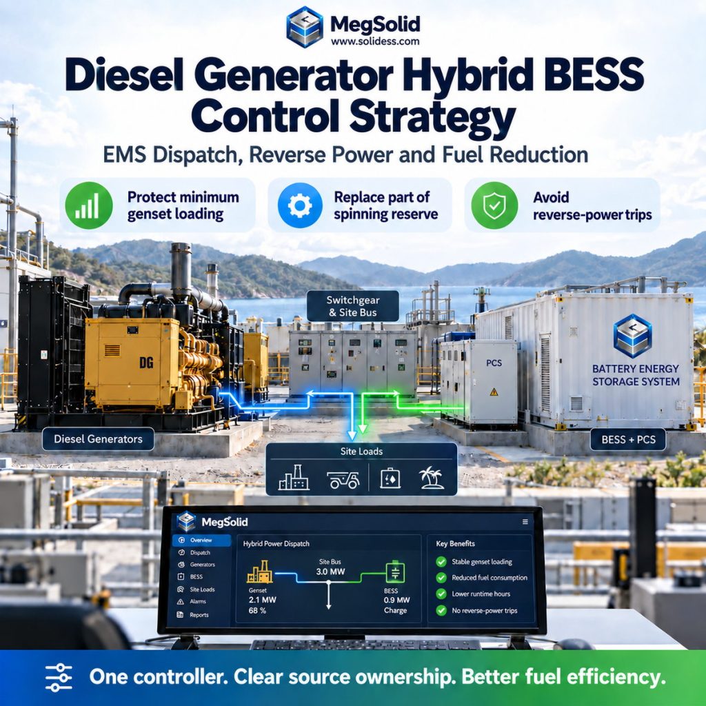 MegSolid diesel generator hybrid BESS control strategy showing diesel generators, switchgear, site loads, PCS, battery energy storage and EMS dispatch for reverse-power protection and fuel reduction