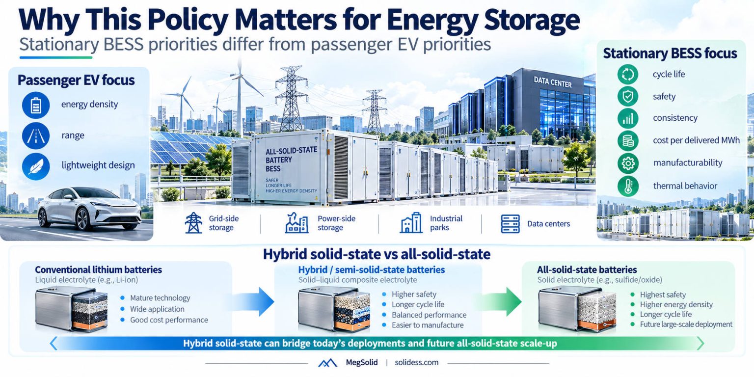 Energy storage policy infographic comparing passenger EV priorities with stationary BESS priorities and conventional lithium, hybrid solid-state and all-solid-state battery paths