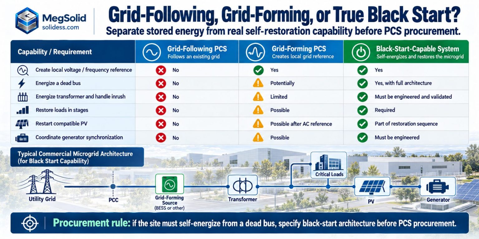 MegSolid comparison of grid-following PCS, grid-forming PCS and black-start-capable systems across dead-bus energization, transformer energization, load restoration, PV restart and generator synchronization