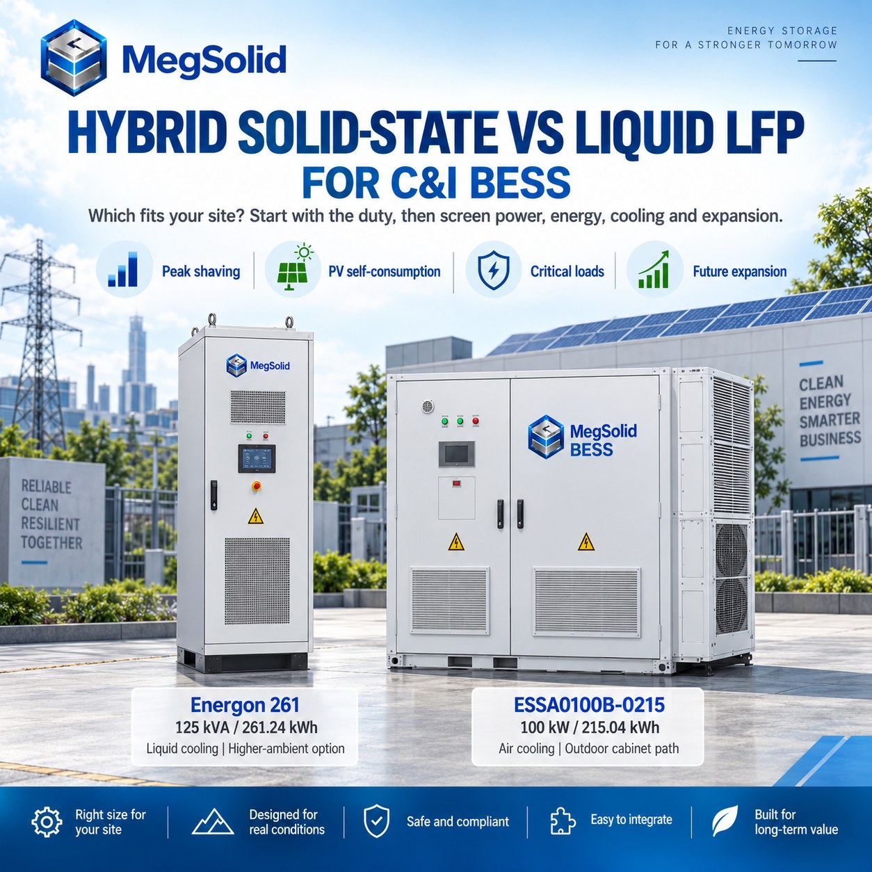 Comparaison entre le MegSolid Energon 261 et l'ESSA0100B-0215 pour l'écrêtement des pics de consommation dans un système de stockage d'énergie par batterie (BESS) C&I, l'autoconsommation photovoltaïque, les charges critiques et les extensions futures