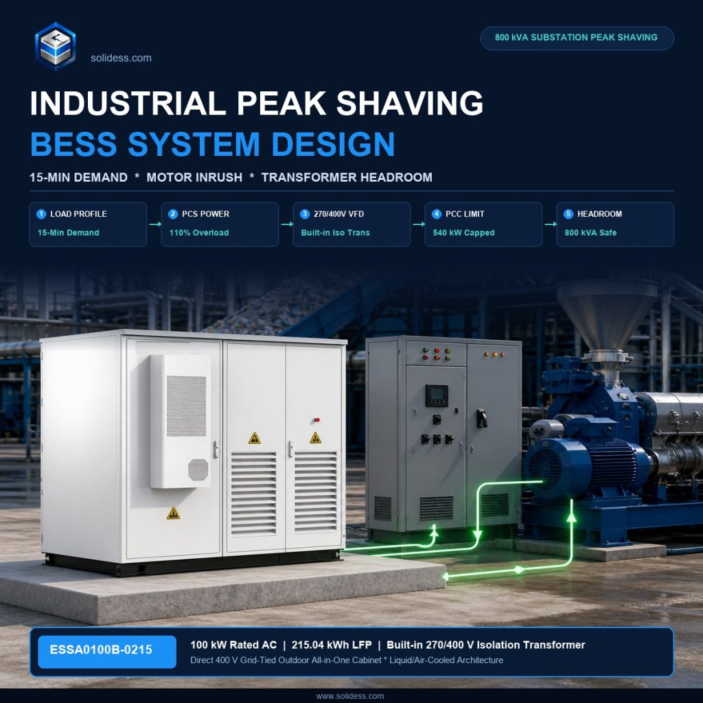 MegSolid ESSA0100B-0215 single all-in-one outdoor BESS cabinet installed at manufacturing plant with 355 kW motor and MCC switchgear for 108 kW peak shaving