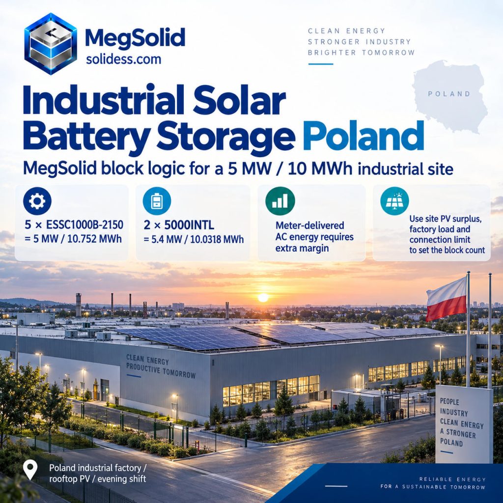 MegSolid industrial solar battery storage project in Poland showing rooftop PV and a 5 MW 10 MWh comparison between ESSC1000B-2150 and 5000INTL