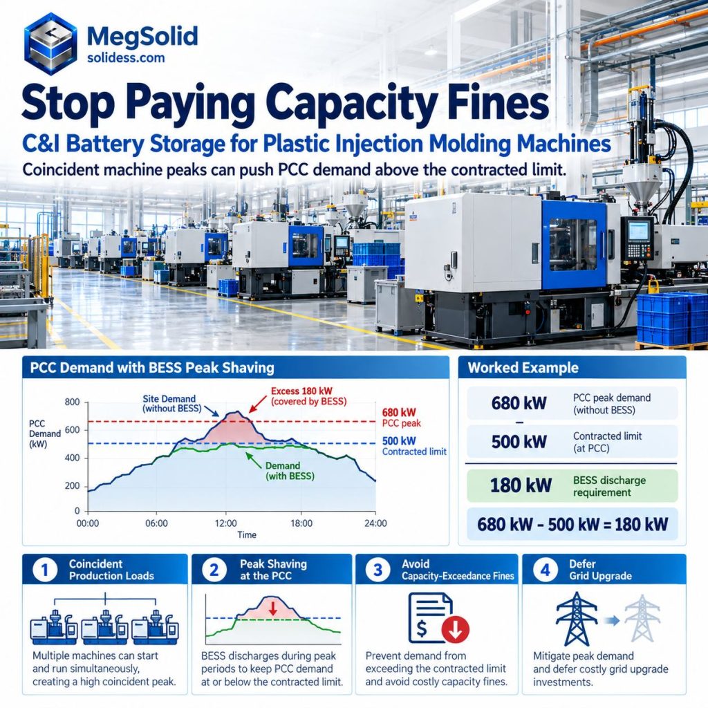 MegSolid C&I battery storage for plastic injection molding machines showing PCC demand peak shaving from 680 kW to a 500 kW contracted limit with a 180 kW BESS discharge requirement