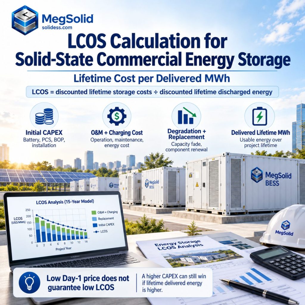 MegSolid LCOS calculation for solid-state commercial energy storage covering CAPEX, O&M, charging cost, degradation, replacement and lifetime delivered MWh