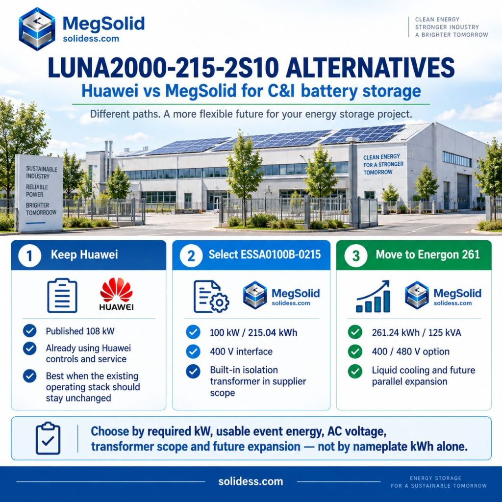 Huawei LUNA2000-215-2S10 alternatives for C&I battery storage, comparing when to keep Huawei, select MegSolid ESSA0100B-0215 or move to Energon 261