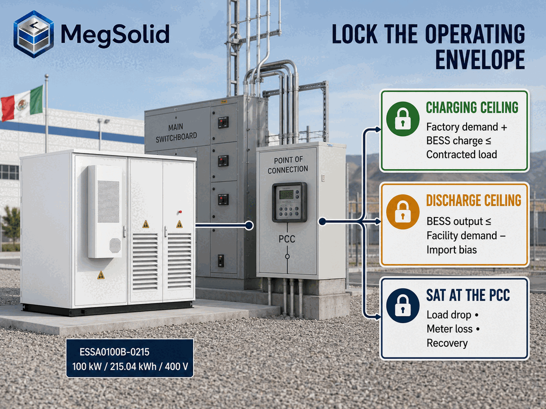 MegSolid ESSA0100B-0215 avec seuils de charge et de décharge BESS et contrôles SAT dans une usine PCC au Mexique