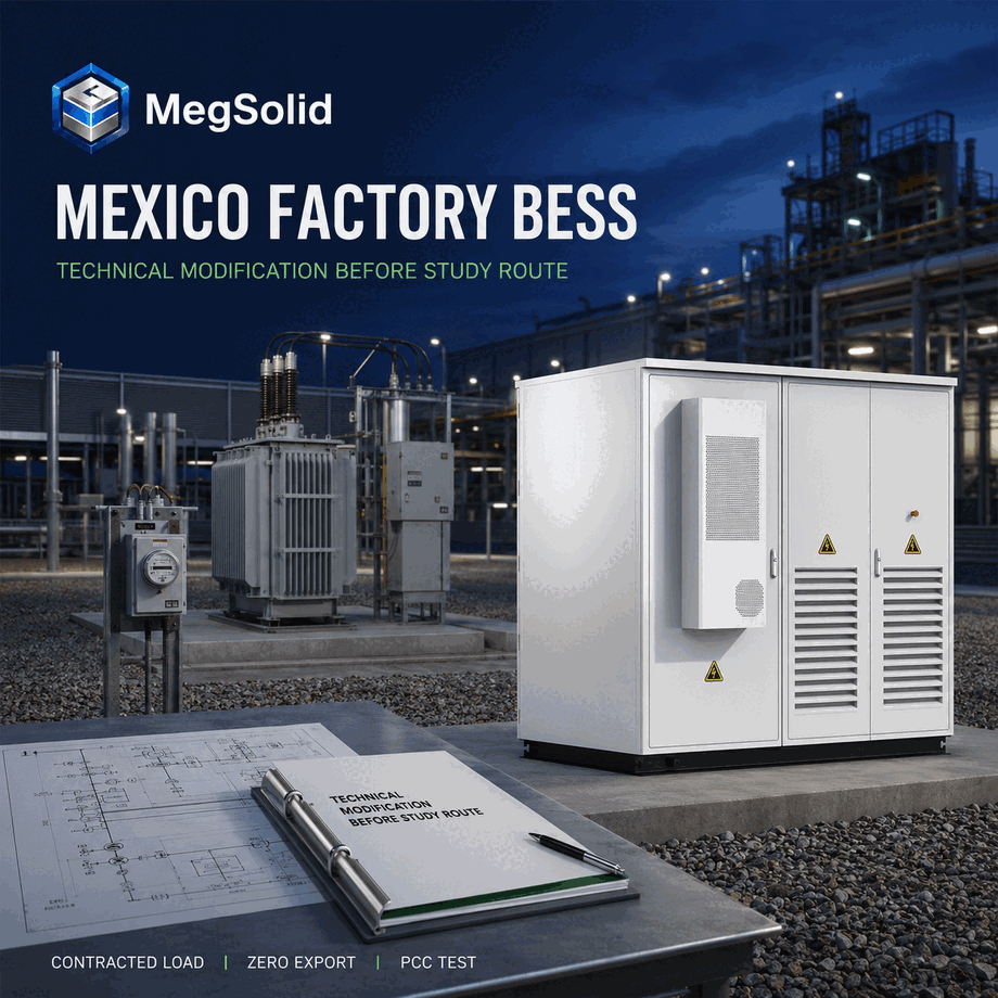 MegSolid ESSA0100B-0215 at a Mexico factory electrical yard with a CENACE technical-modification file and PCC equipment