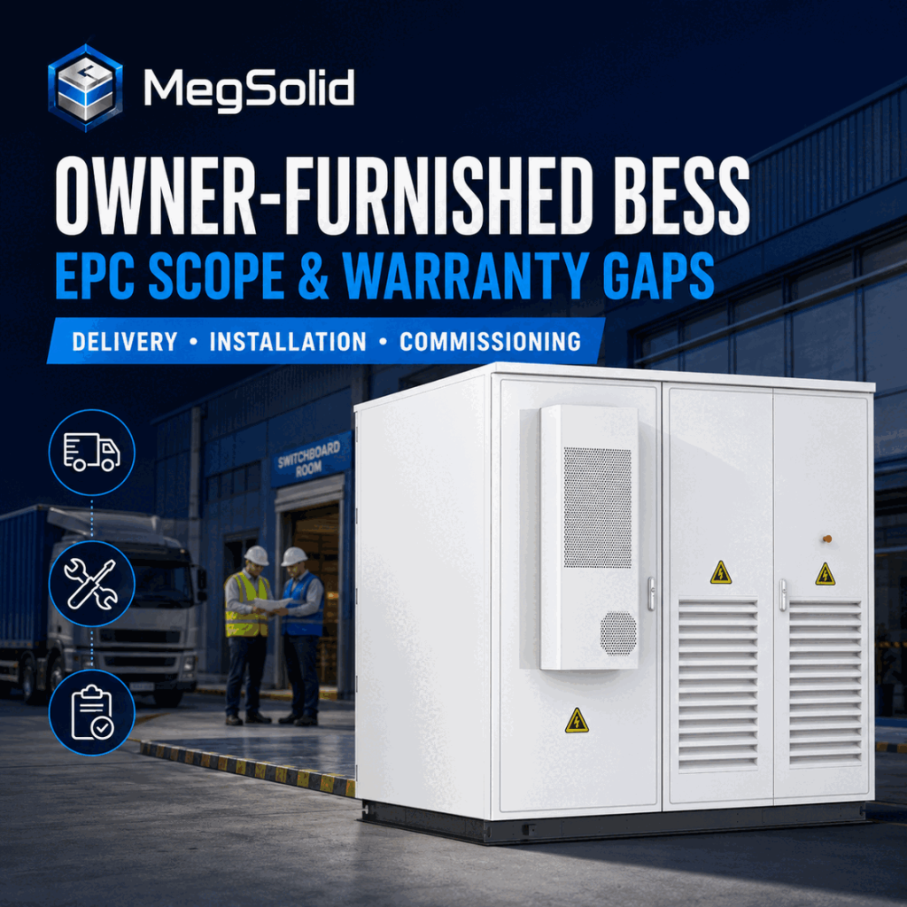 MegSolid C&I battery energy storage system design workflow with real cabinet products, PCS power, battery energy, PCC, EMS and FAT/SAT