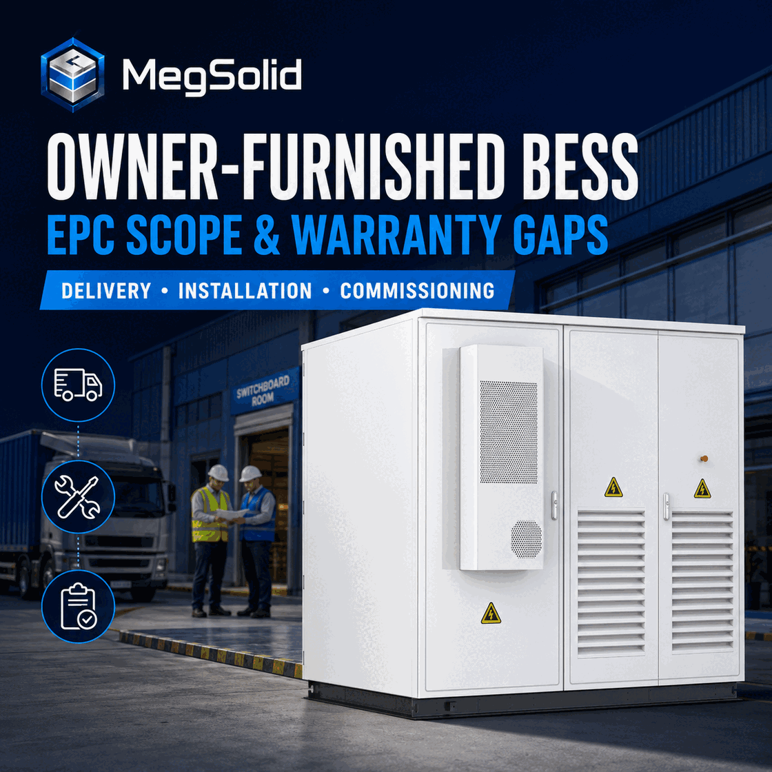 مسار عمل تصميم نظام تخزين الطاقة بالبطاريات MegSolid C&I باستخدام منتجات الخزانات الفعلية، وطاقة وحدة التحكم في النظام (PCS)، وطاقة البطارية، ووحدة التحكم في البطارية (PCC)، ونظام إدارة الطاقة (EMS)، واختبار القبول النهائي للمصنع (FAT) واختبار القبول النهائي للعميل (SAT)
