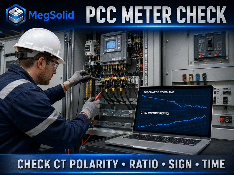 EPC commissioning engineer checking PCC CT polarity ratio sign and time after grid import rises during a discharge command