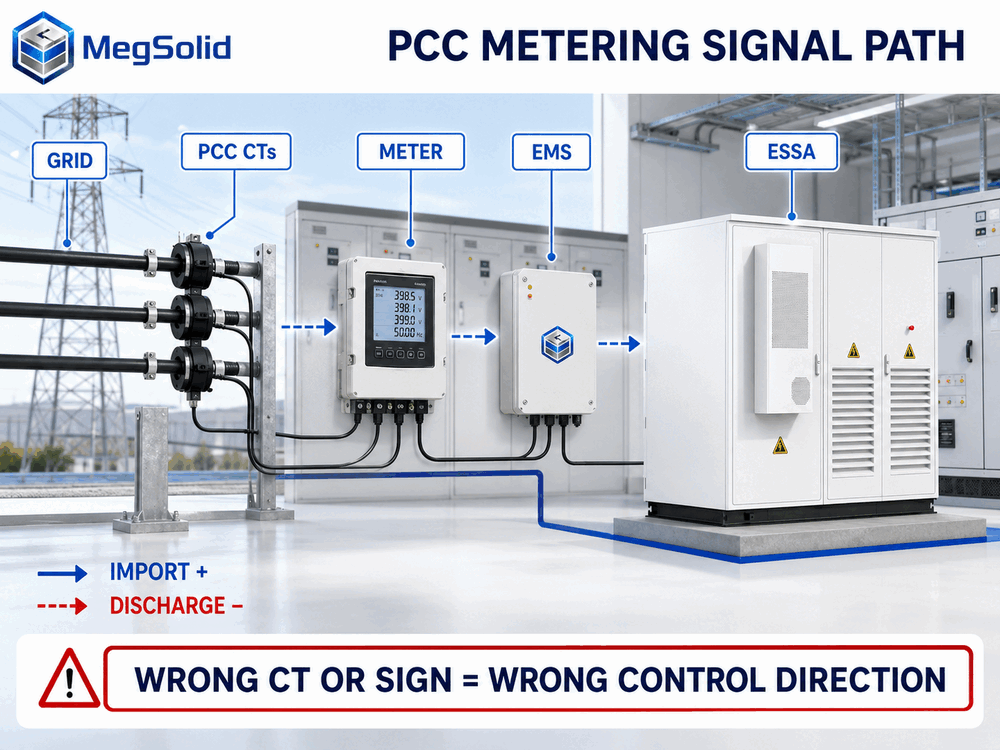 PCC-meetseinpad vanaf roosterstroomtransformers deur die kragmeter en EMS na 'n MegSolid ESSA-kas