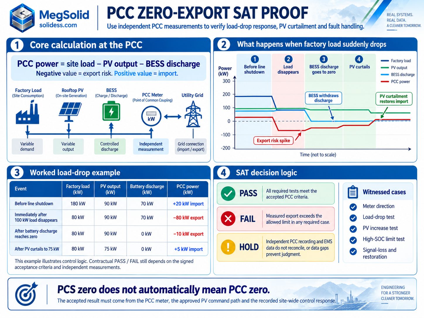 PCC zero-export SAT proof infographic showing PCC power calculation, sudden load-drop behavior, worked example table and PASS FAIL HOLD decision logic for BESS zero-export commissioning