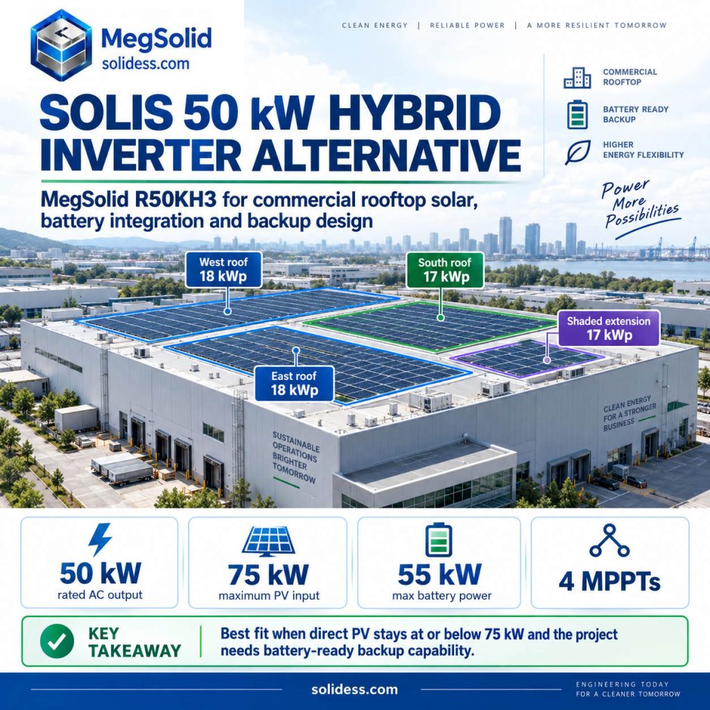 MegSolid R50KH3 commercial rooftop solar infographic showing a 70 kWp roof split into four PV groups, with 50 kW rated AC output, 75 kW maximum PV input, 55 kW maximum battery power and 4 MPPT trackers as the Solis 50 kW hybrid inverter alternative