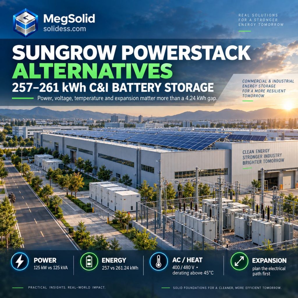 MegSolid C&I battery storage cabinet at an industrial site illustrating Sungrow PowerStack alternatives in the 257–261 kWh class