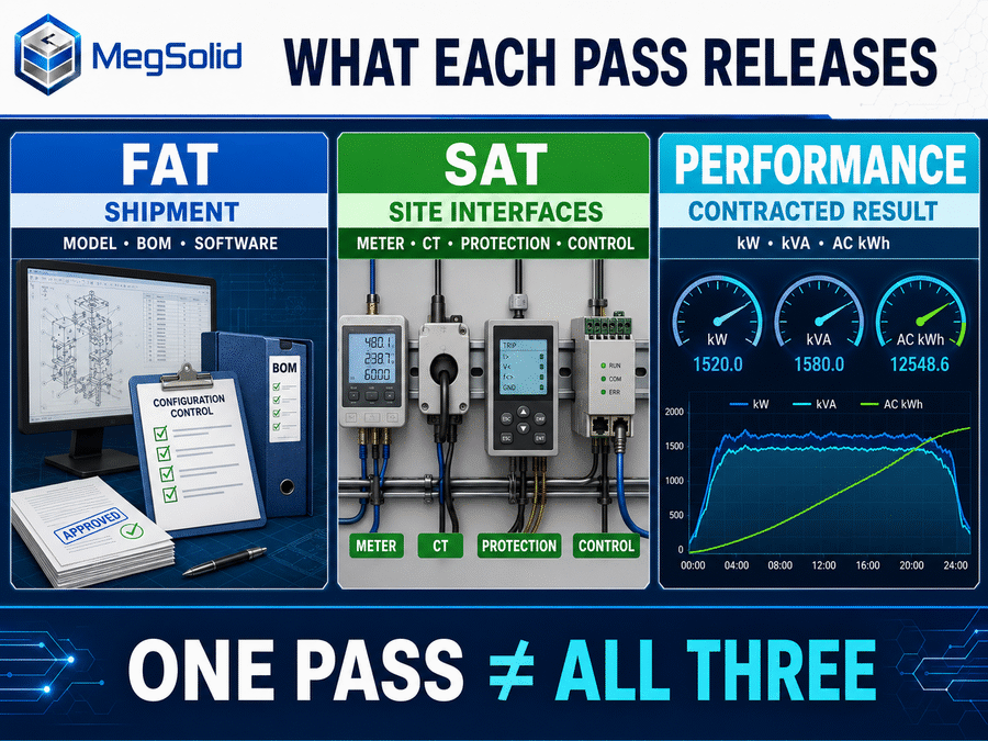 C&I BESS FAT SAT and performance acceptance comparison showing shipment site interfaces and contracted results