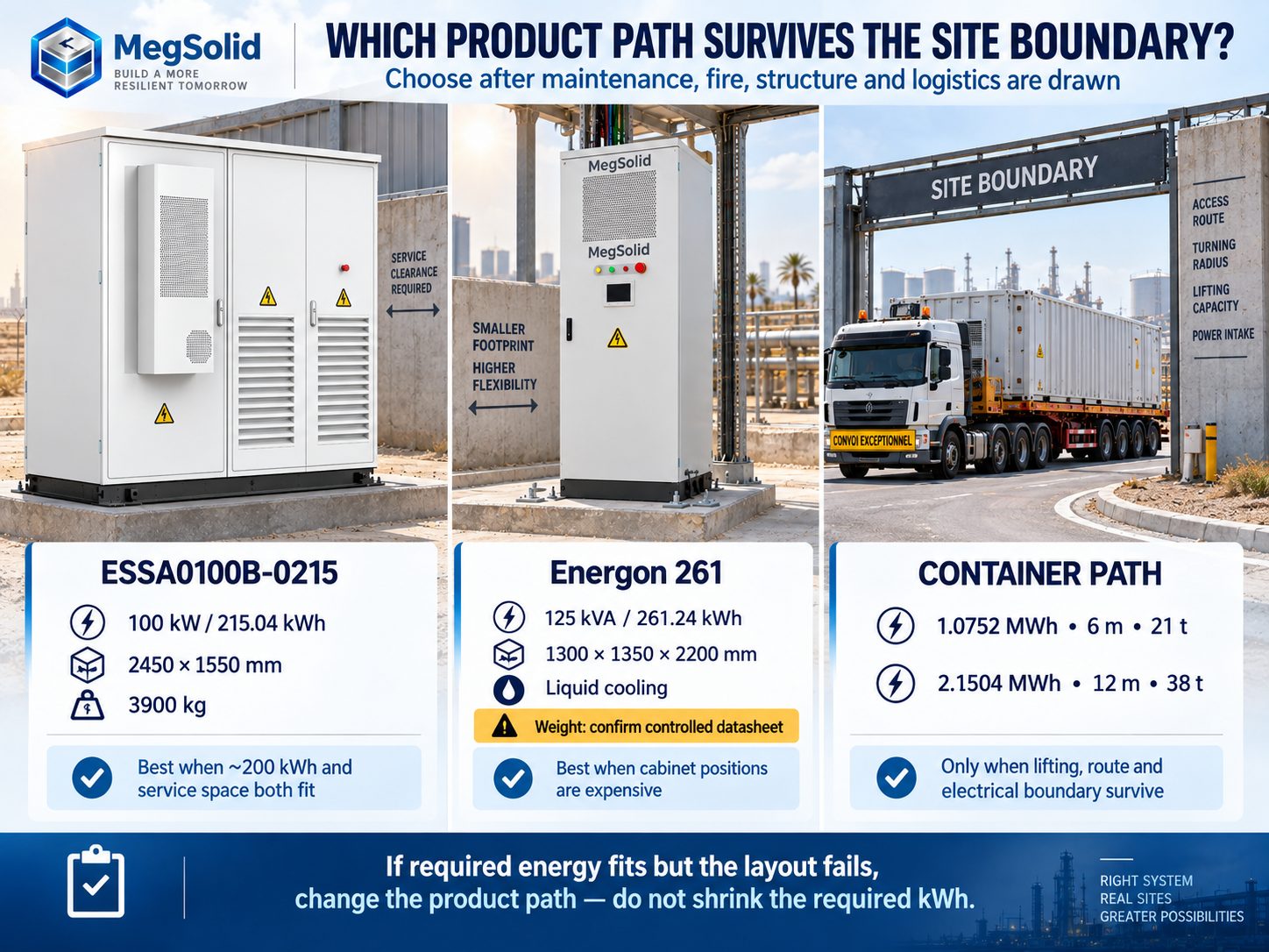 Comparison of MegSolid ESSA0100B-0215, Energon 261 and containerized BESS paths for space-constrained Dutch C&I sites