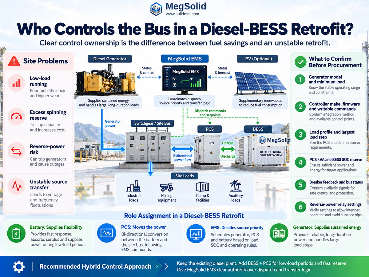 MegSolid diesel-BESS retrofit architecture showing generator, EMS, PCS, BESS, optional PV, switchgear, site loads and procurement control checks