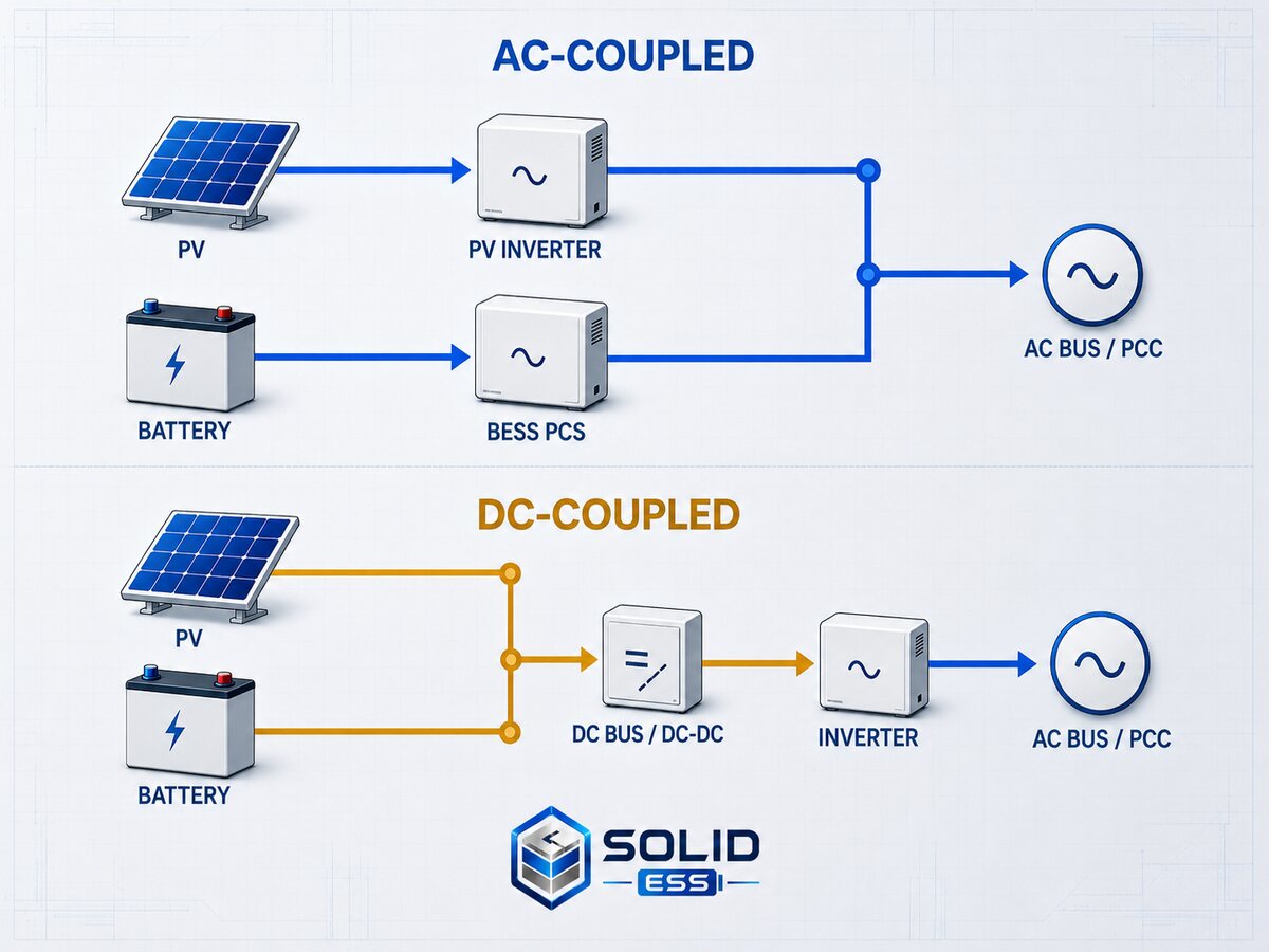 Diagram comparing AC-coupled and DC-coupled solar battery electrical meeting points at the AC bus and DC bus