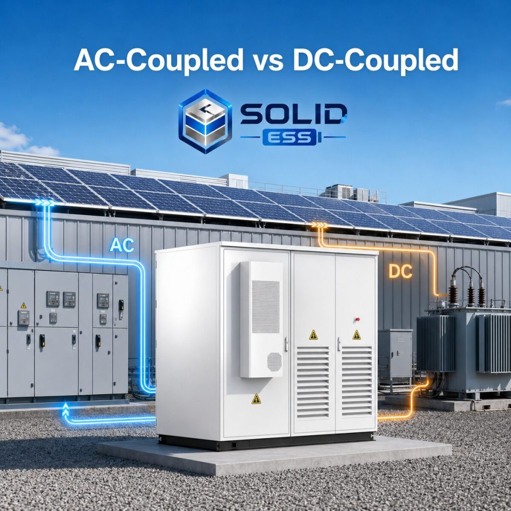 MegSolid ESSA0100B-0215 at an existing commercial PV site showing AC-coupled and DC-coupled retrofit routes