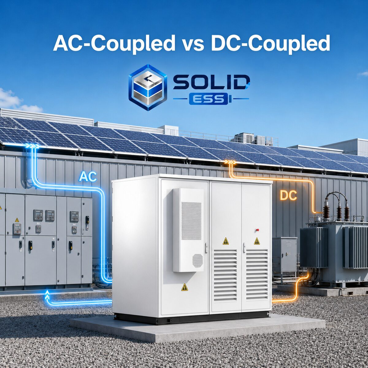 MegSolid ESSA0100B-0215 at an existing commercial PV site showing AC-coupled and DC-coupled retrofit routes