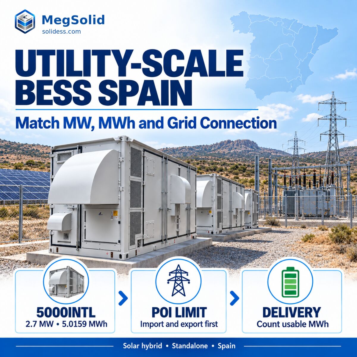 MegSolid 5000INTL containerized BESS connected to a solar power plant in Spain through a shared point of interconnection