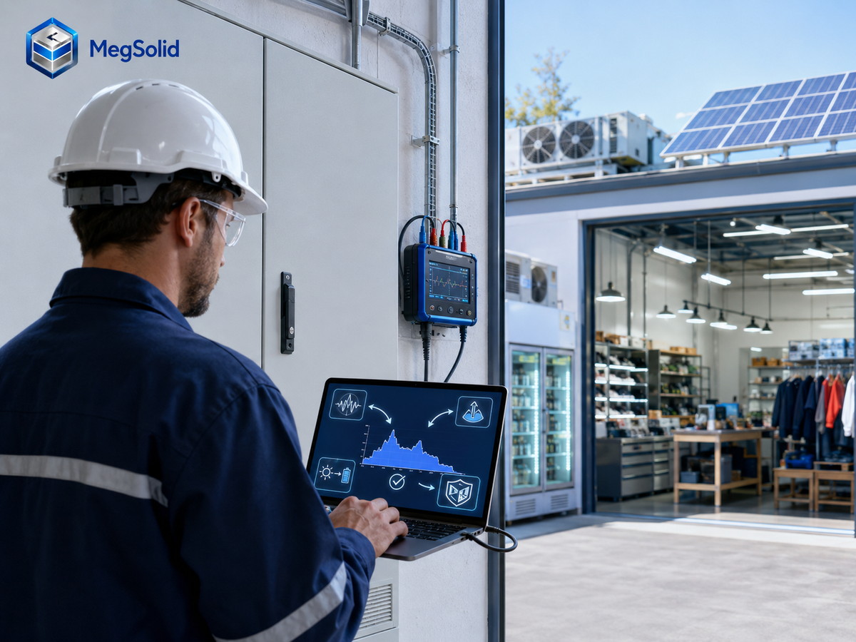 Un ingénieur en électricité industrielle examine la charge par intervalle, la demande de pointe, l'excédent photovoltaïque et les charges protégées avant de choisir un système de stockage d'énergie par batterie (BESS) en extérieur.
