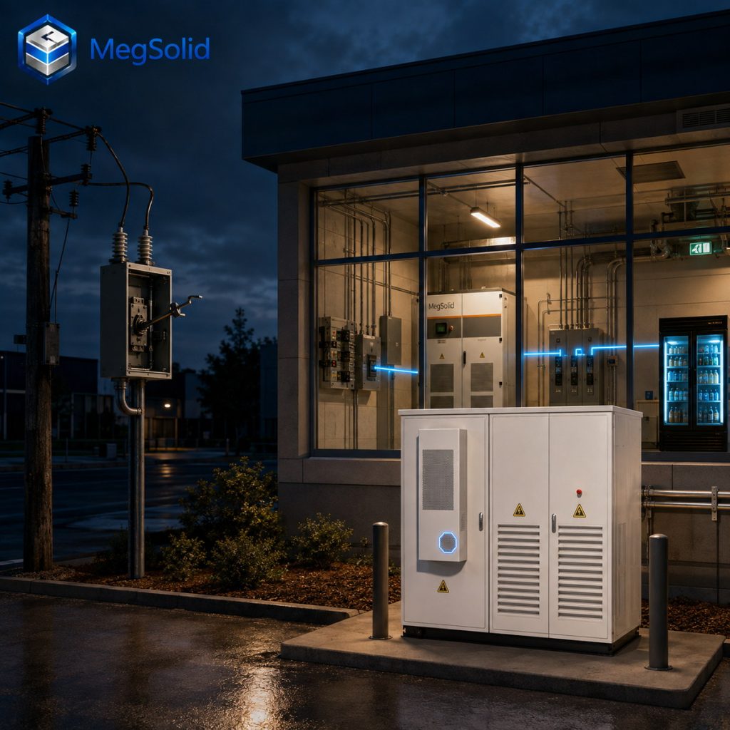MegSolid ESSA0100B-0215 and MEGA PCS in an intentional-island commercial backup system with the utility connection open and selected loads energized