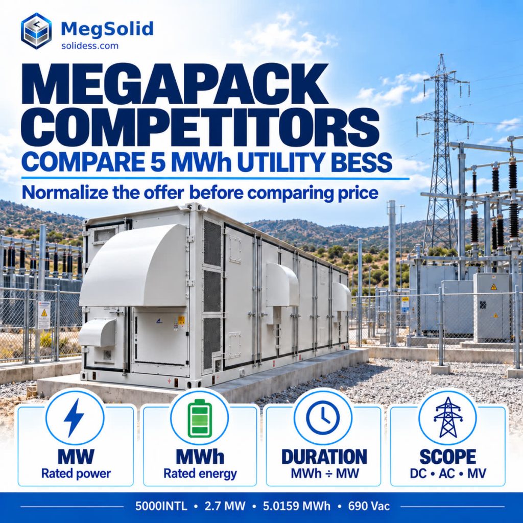 MegSolid 5000INTL at a utility-scale substation with MW, MWh, duration and supply-scope comparison criteria
