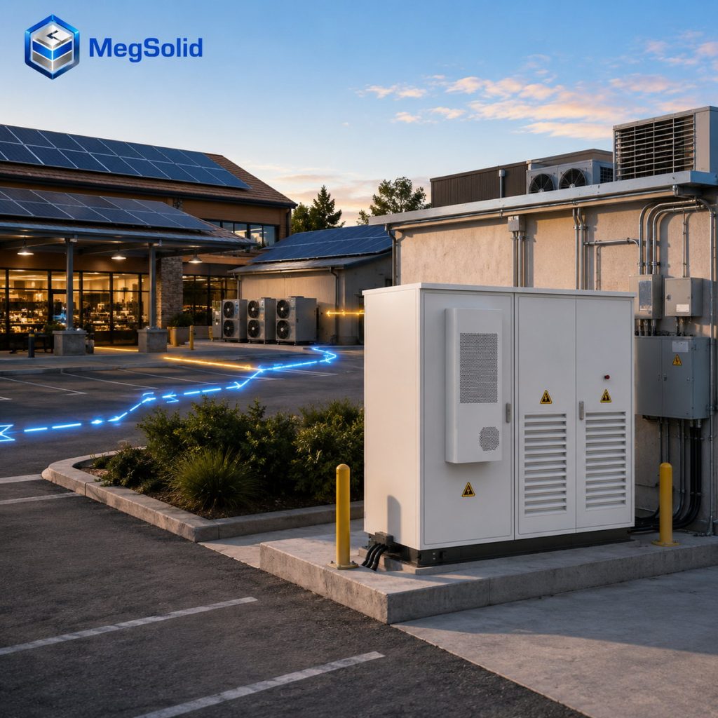 MegSolid ESSA0100B-0215 installed at a solar-powered small commercial site after the load and energy window outgrow a 30 kW 50 kWh battery class