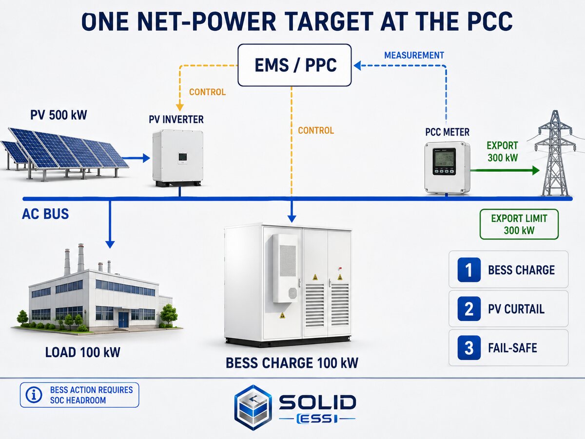 MegSolid ESSA0100B-0215 charging 100 kW to hold a 300 kW export limit at the PCC