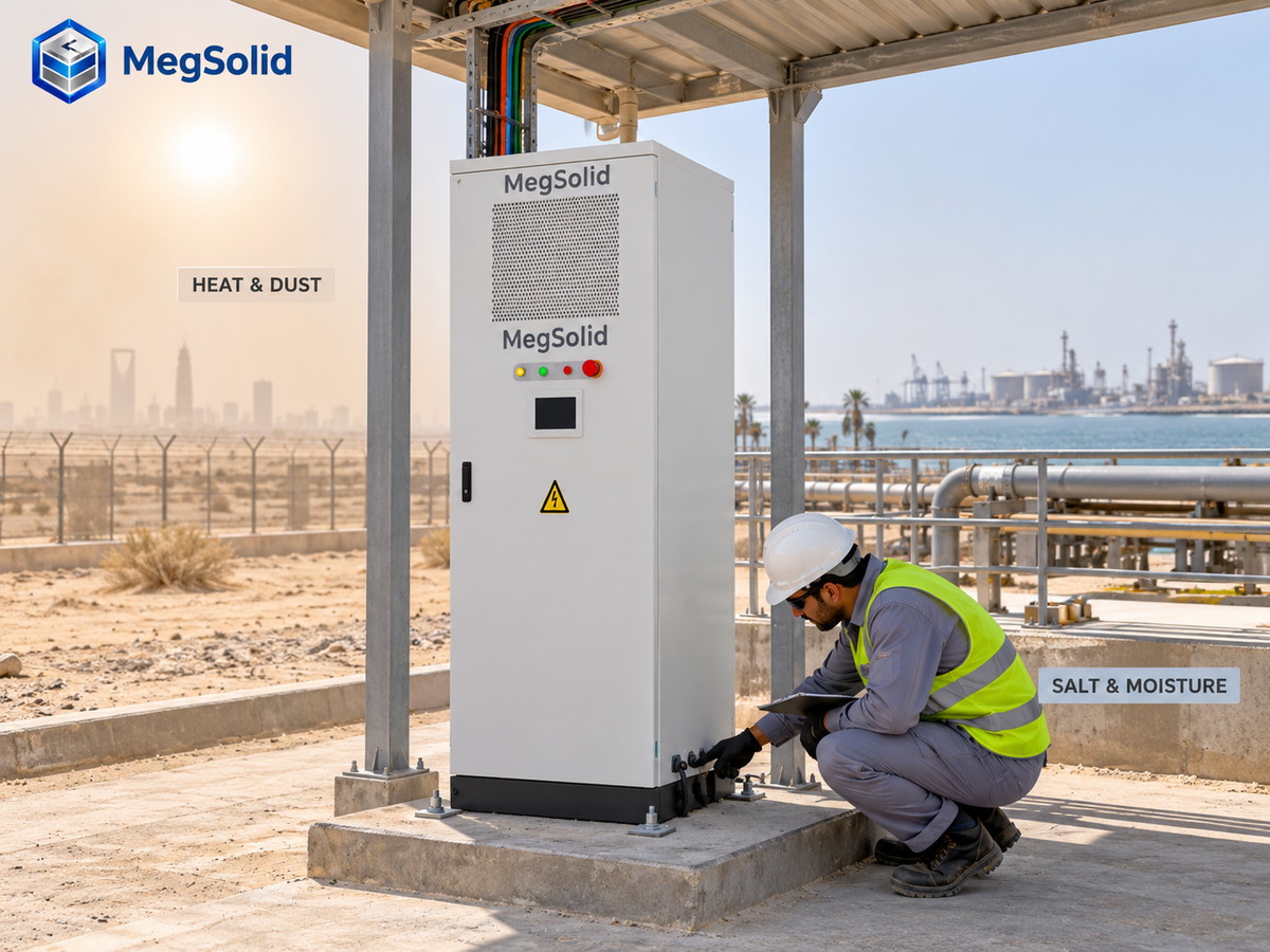 MegSolid Energon 261 installed under a sunshade with heat, dust, salt-moisture and coastal interface inspection considerations