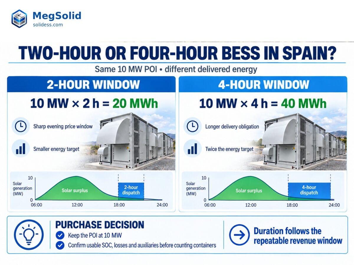 Comparison of two-hour and four-hour MegSolid BESS dispatch against midday solar surplus and evening electricity demand in Spain