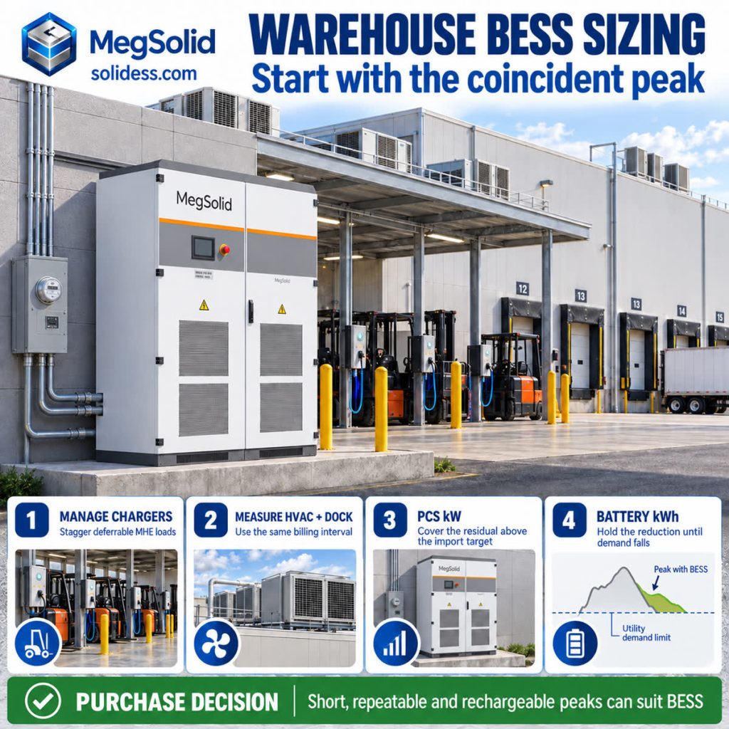 MegSolid distribution warehouse BESS sizing from coincident demand-charge, forklift charging and HVAC peaks with separate PCS power and battery energy